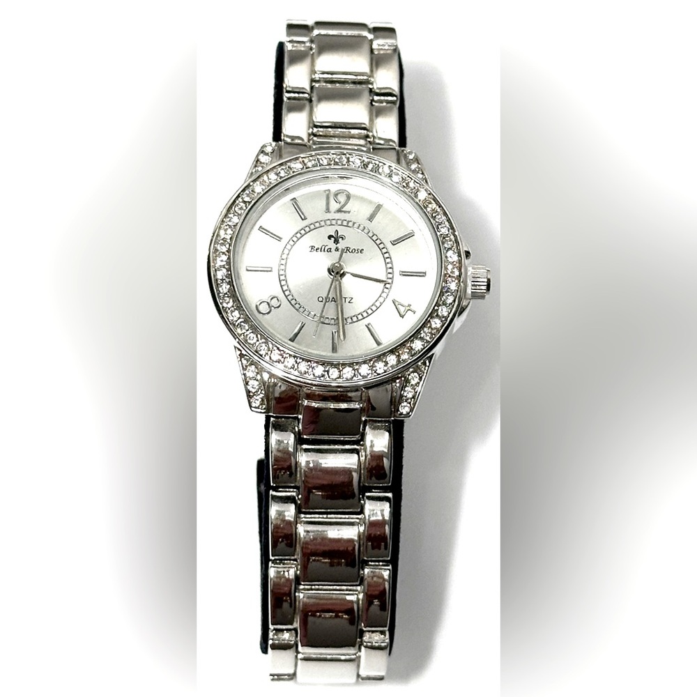 NEW Women’s 30mm Silver with Rhinestone Crystals Bella Rose Link Watch